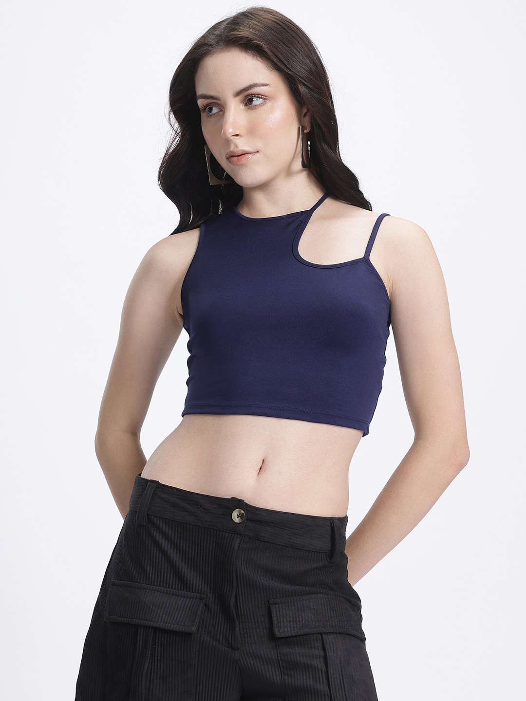 glitchez Asymmetric Edge Cut-Out Fitted Crop Top