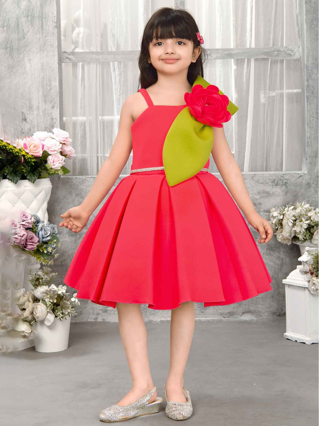 Lagorii Red Sleeveless And Floral Embellished Party Wear Dress