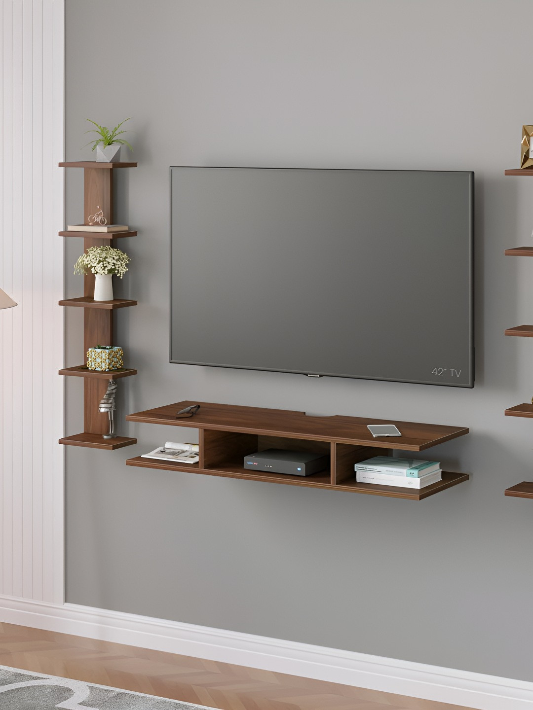 bluewud Estoye Brown Wooden Wall Mount TV Entertainment Unit