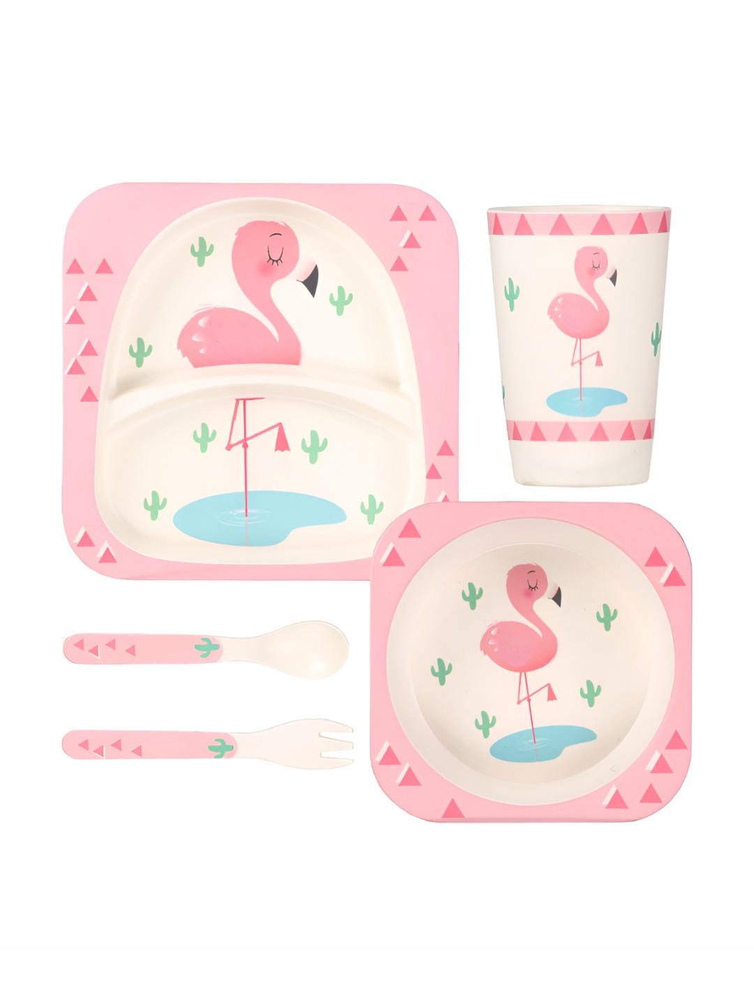Polka Tots Toddlers & Babies Pink Animal Print Bamboo Fiber 5 Piece Dinner Set