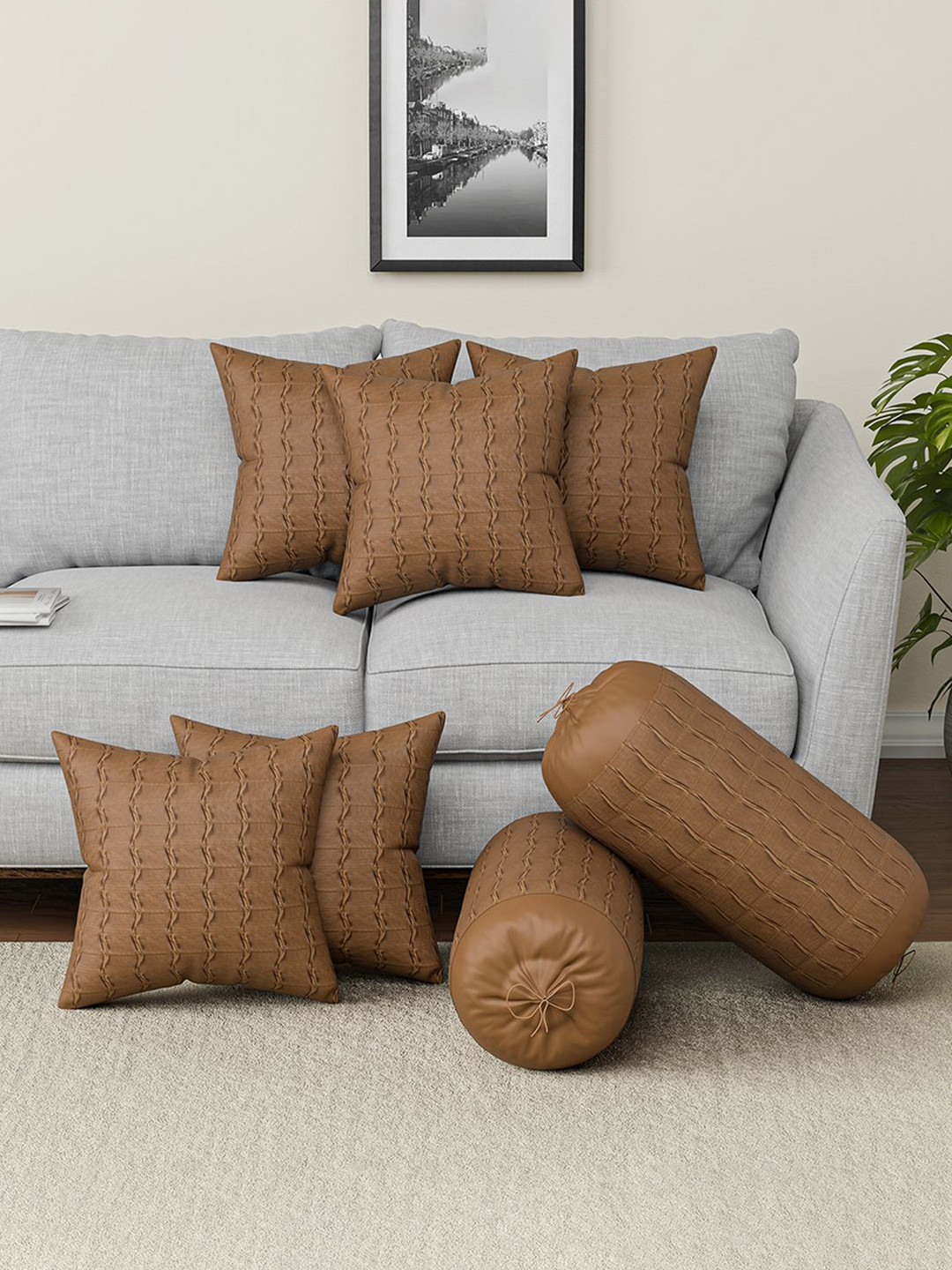 Kuber Industries Chevron Polyester Washable 7 Pcs Textured Square Cushion Covers -16x16In