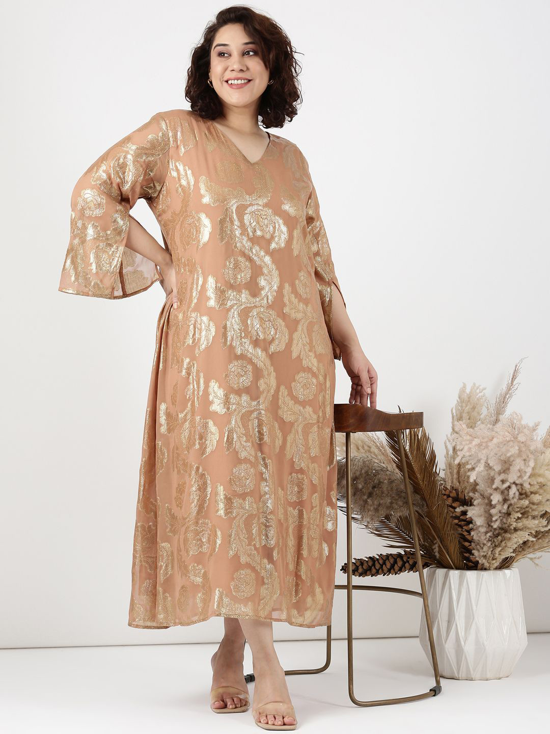 The Pink Moon Women Slit Sleeve Jacquard Fit & Flare Maxi Dress