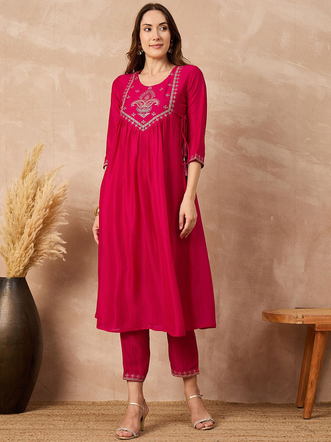 all about you Floral Embroidered Round Neck Silk Blend A-Line With Trousers & Dupatta