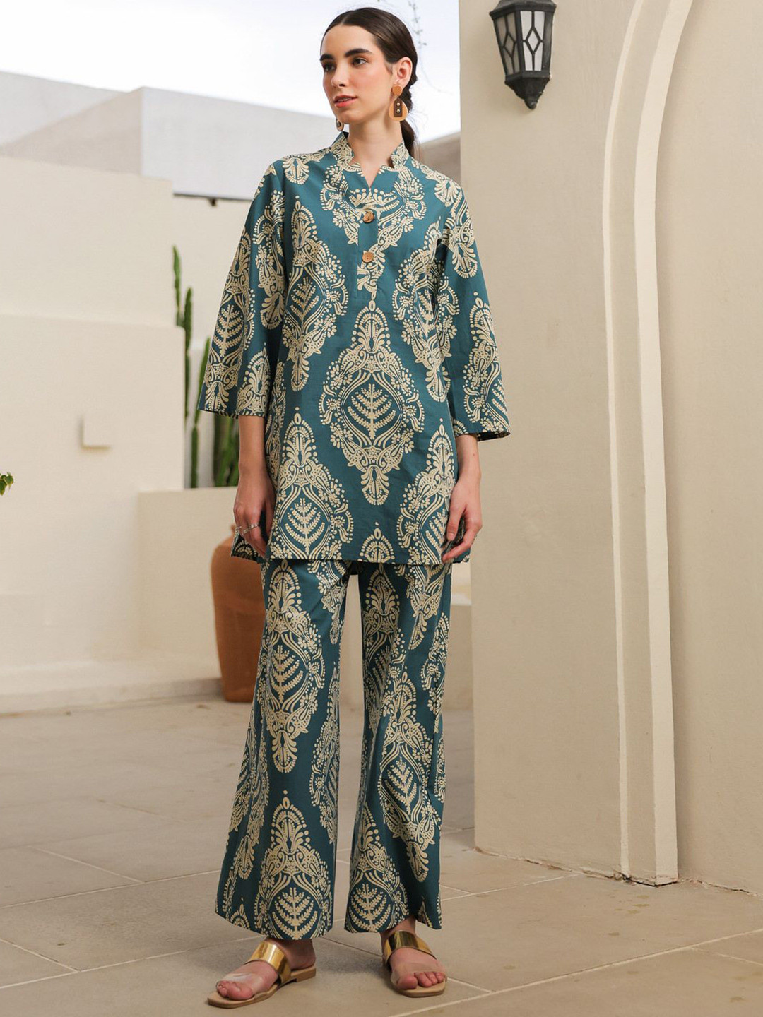 JISORA Women's Teal Printed Cotton Top With Trousers Co-Ord Set