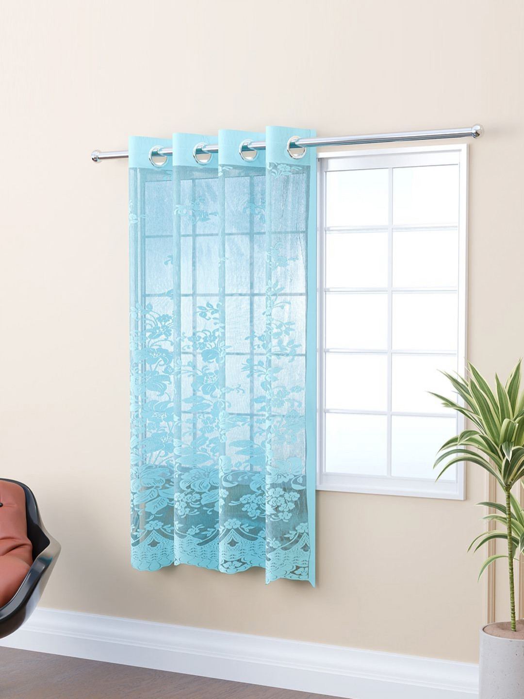 Aura Blue Floral Embroidered Pure Cotton Window Curtain
