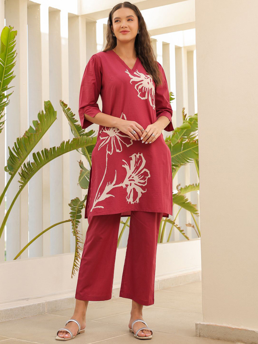 JISORA Women's Peach Printed Cotton Top With Trousers Co-Ord Set