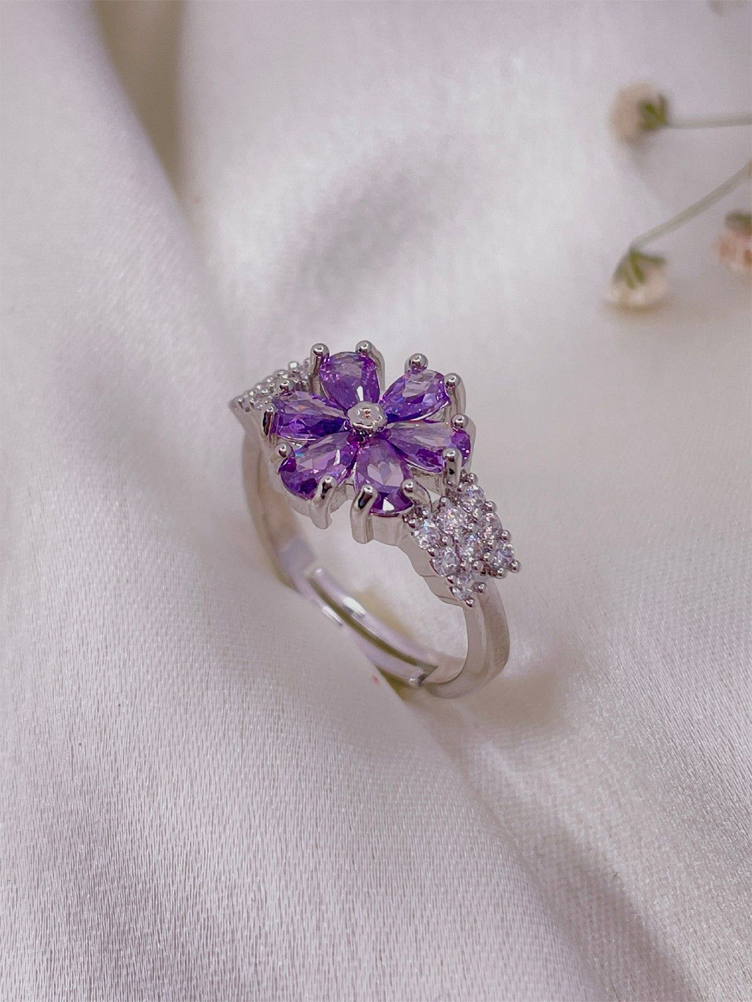 ISHKAARA Rhodium-Plated Floral Violet Crystal Finger Ring With Anti Tarnish