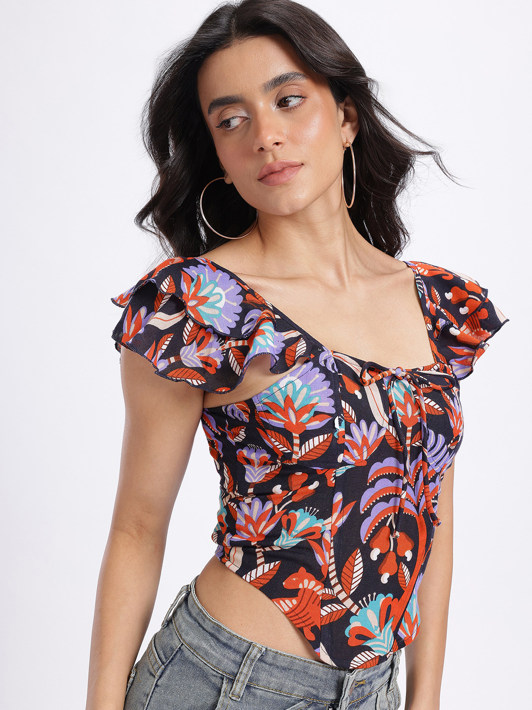 glitchez Indie Floral Print Corset Crop Top