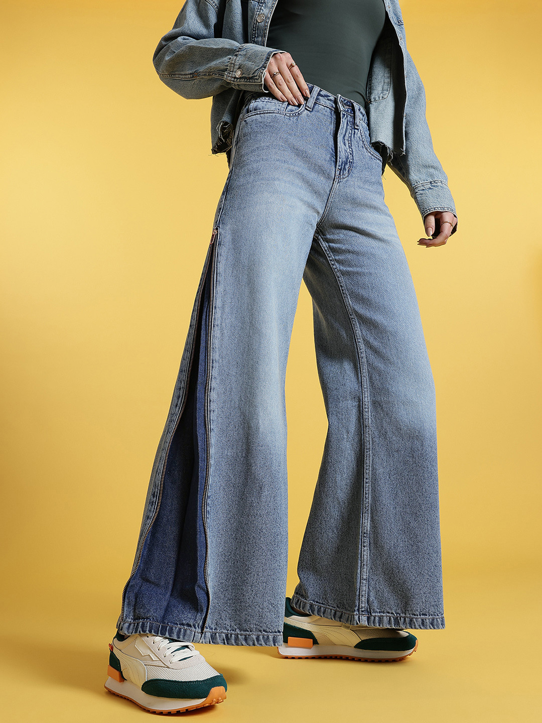 glitchez Women Pure Cotton Relaxed Zipper Wide Leg Jeans