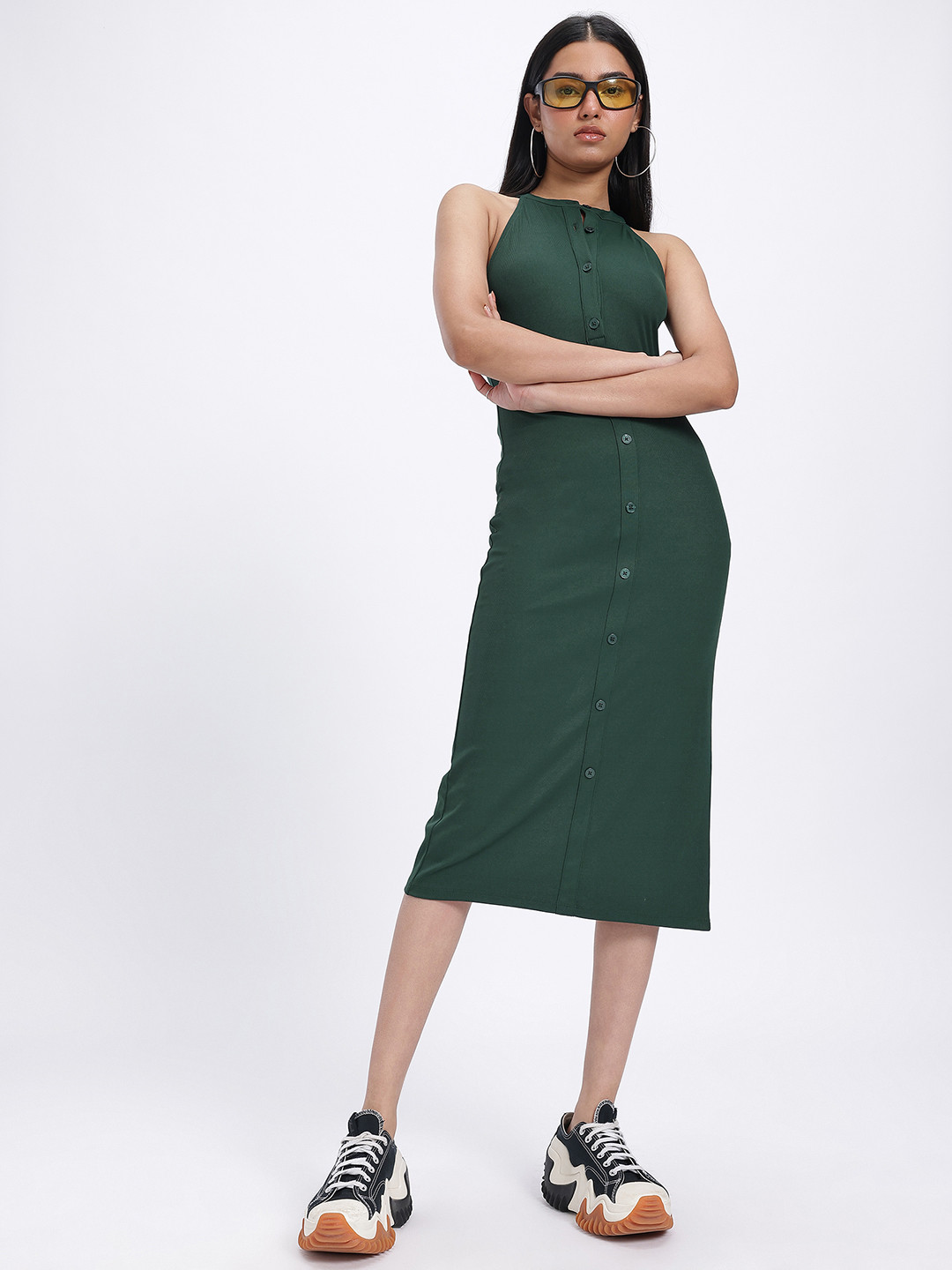 glitchez Ribbed Mock Buttons Halter Neck Midi Bodycon Dress with Back Slit