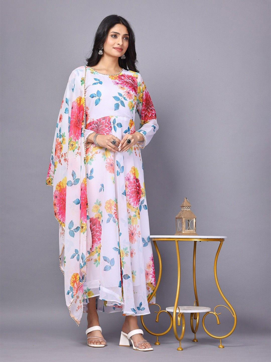 Raiyani Fashion Tropical Print Tie-Ups Fit & Flare Maxi Ethnic Dress With  Dupatta