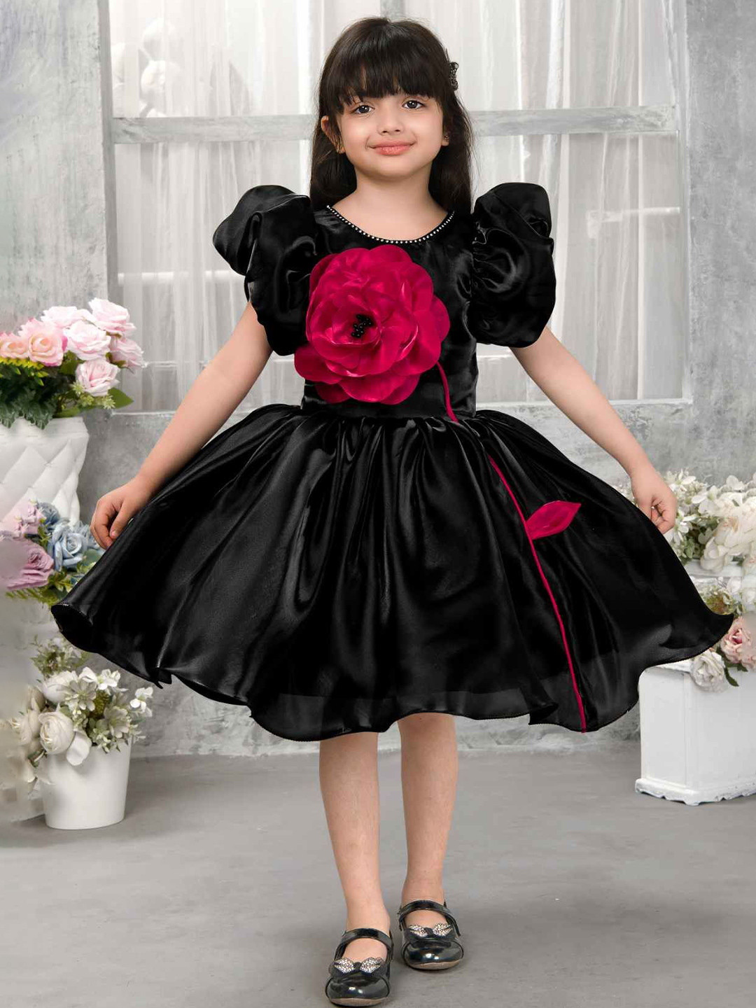 Lagorii Girls Black Puff Sleeve And 3D Red Flower Dress