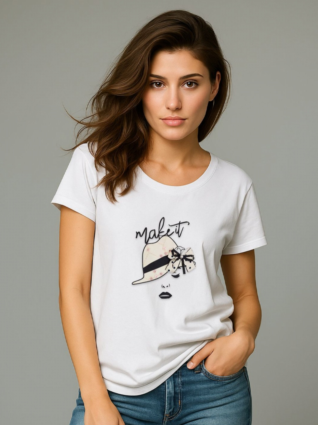 GRACE & JACK Make It Chic Hat Illustration Cotton Diamond Embellishments T-shirt