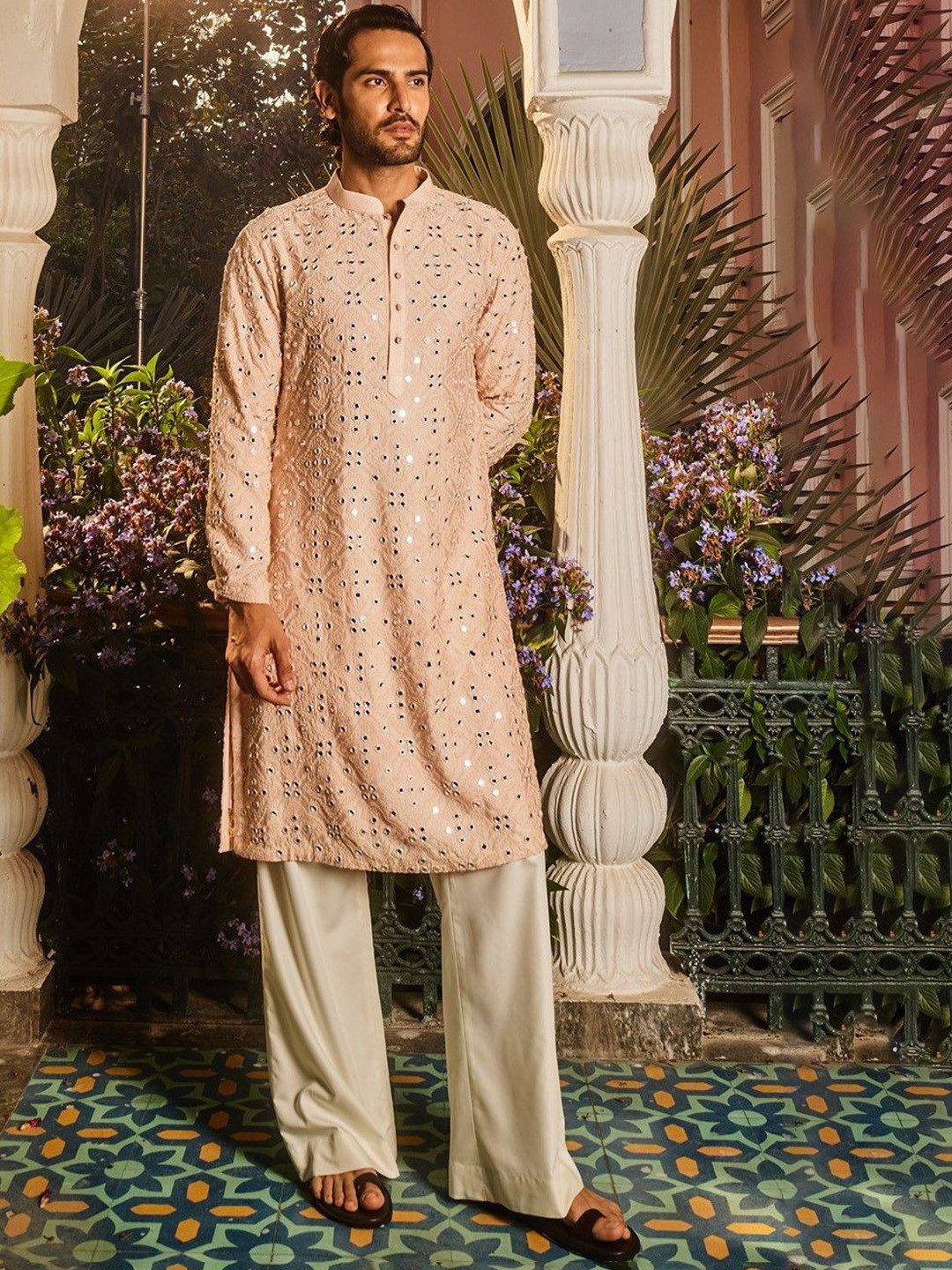 ASUKA Men Ethnic Motifs Embroidered Beads and Stones Chanderi Silk Kurta with Trousers
