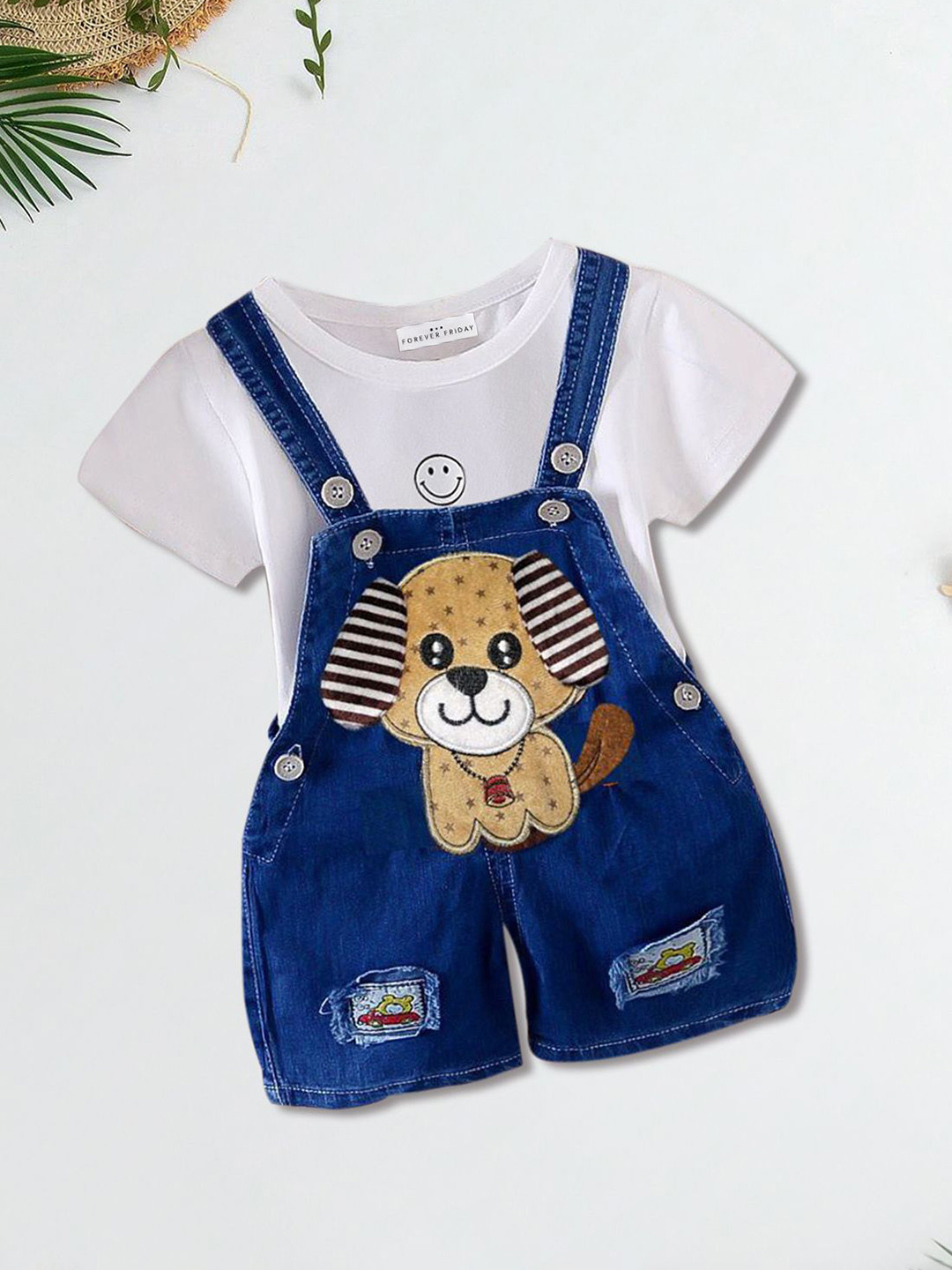 FOREVER FRIDAY Infant Boys Round Self Design Neck Dungaree With T-Shirt