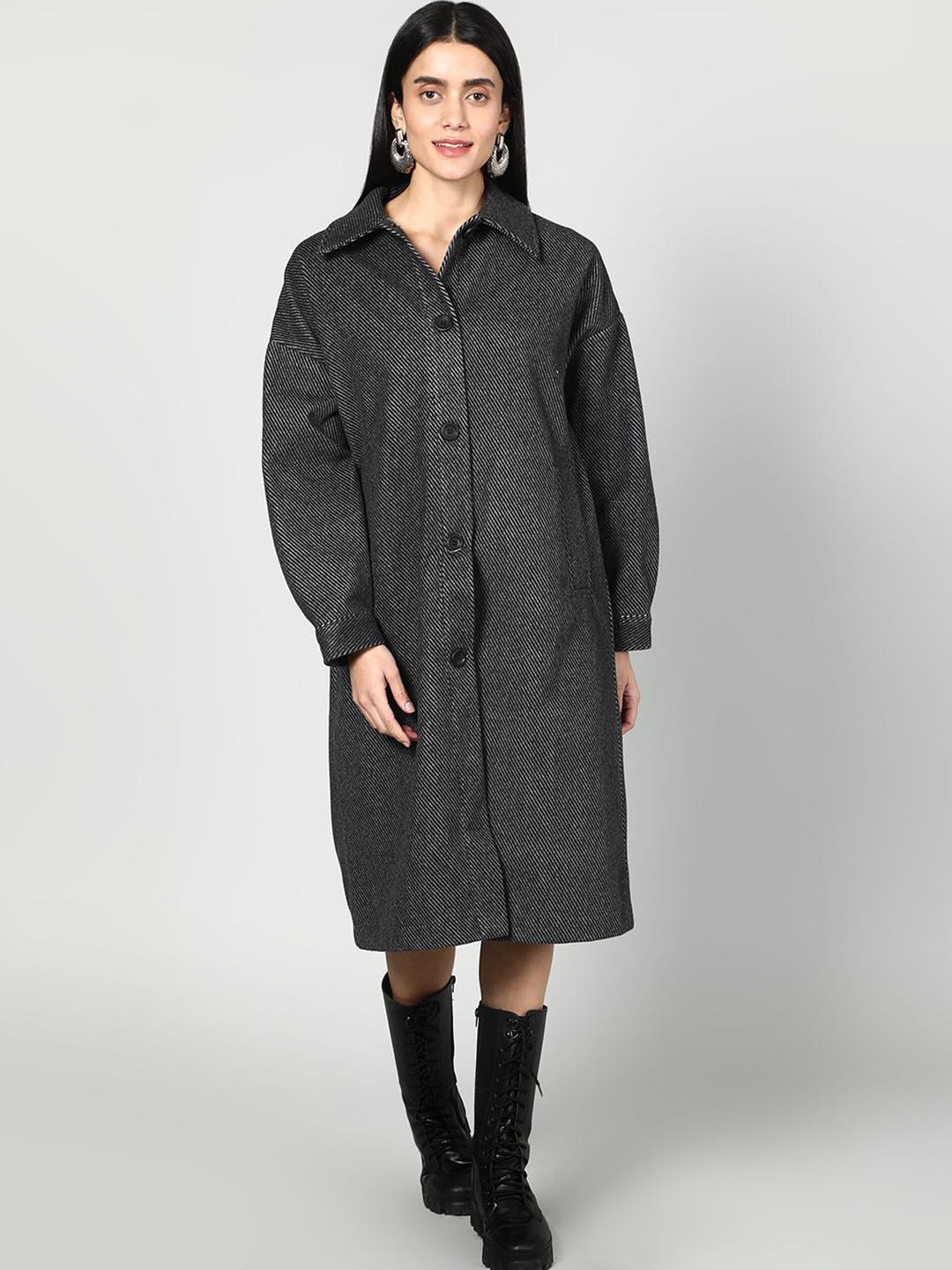 Fashion Gaiia Striped Wool Spread Collar Neck Single Breasted Overcoat