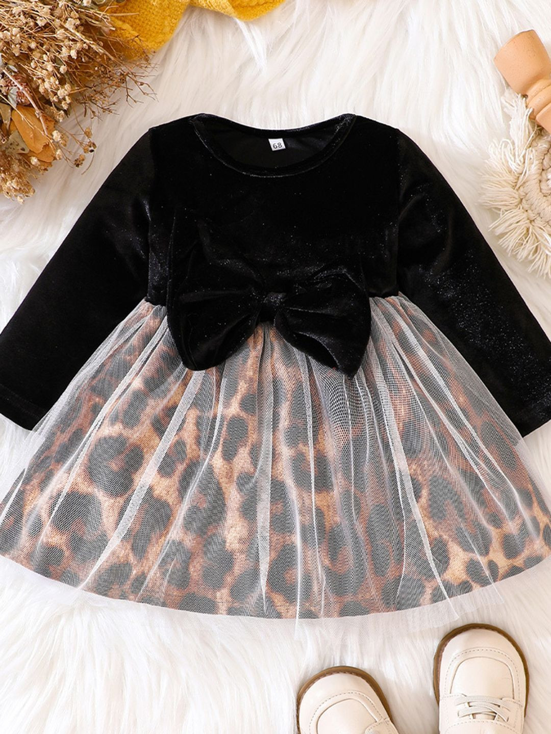 YK Girl Animal Print Bow Detail Fit & Flare Dress