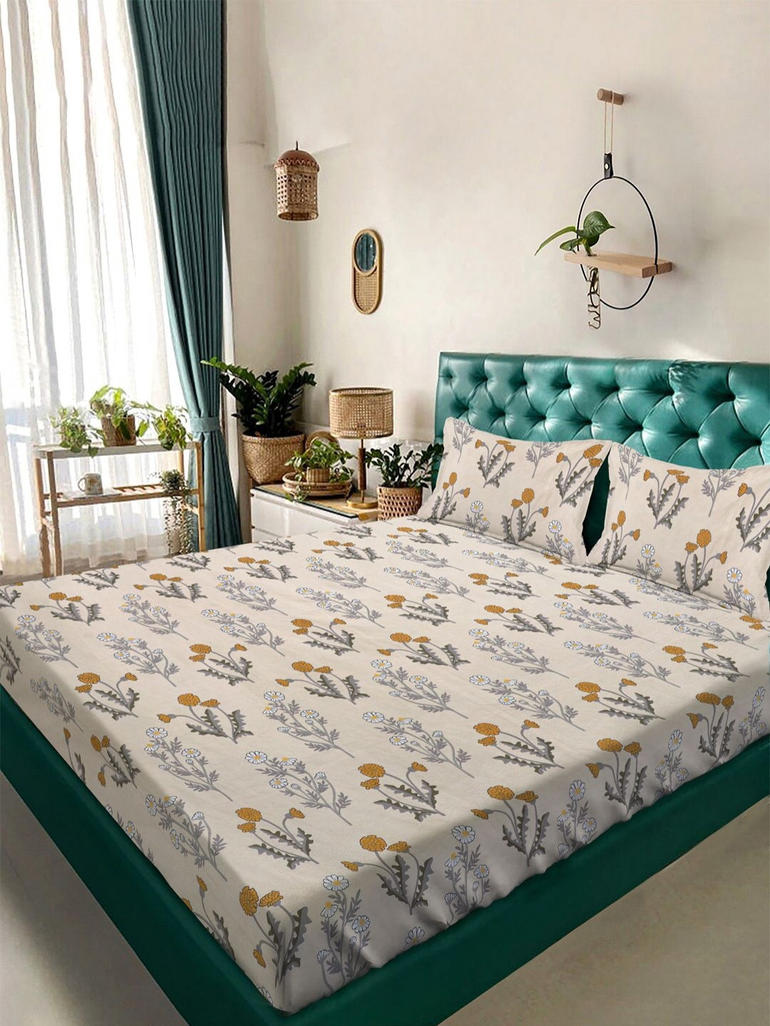 Aura Cream-Coloured & Mustard Floral Printed 350 TC King Bedsheet Set 2.50 m x 2.15 m