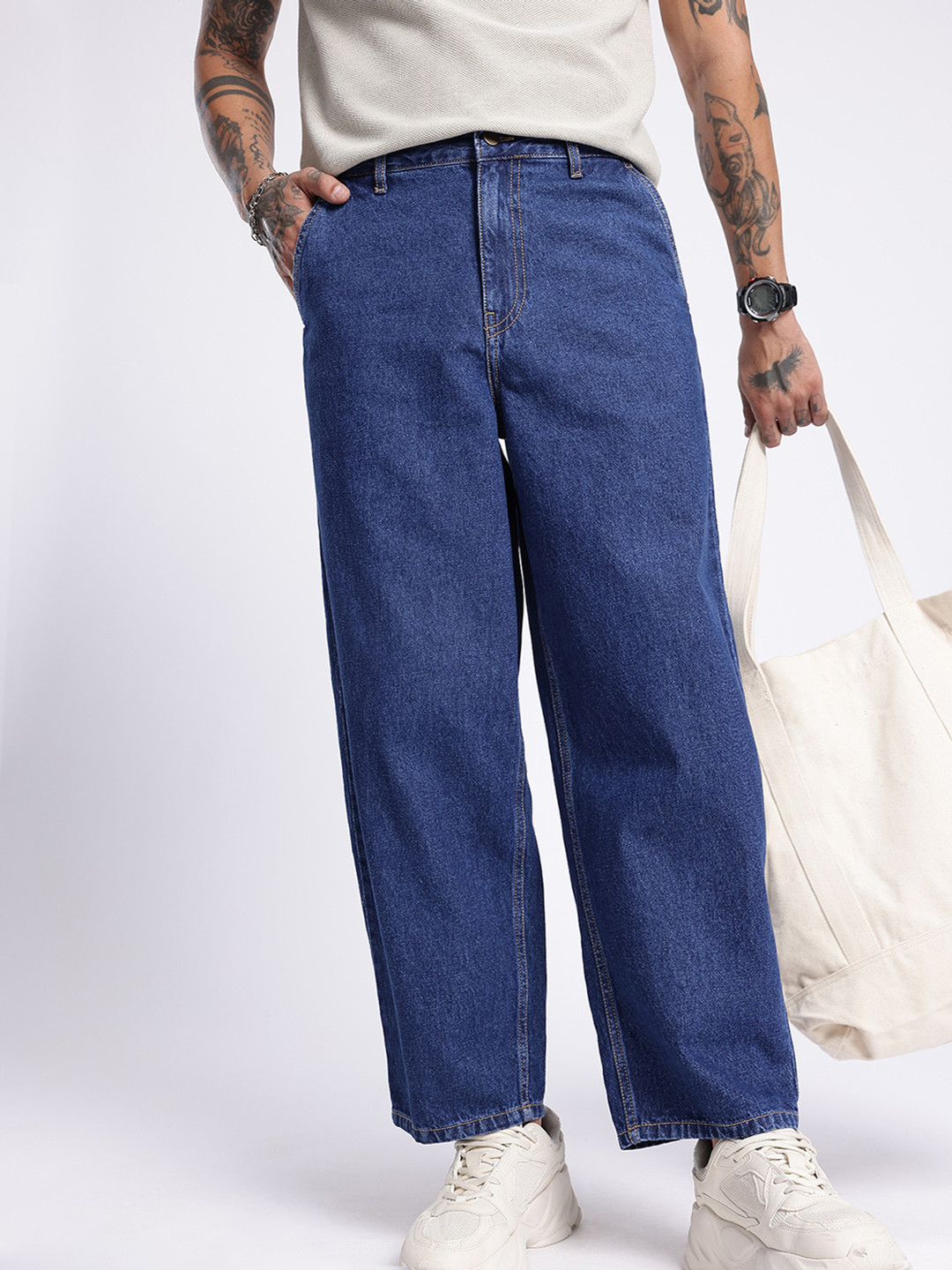 glitchez Men Medium Shade Wide Leg Jeans