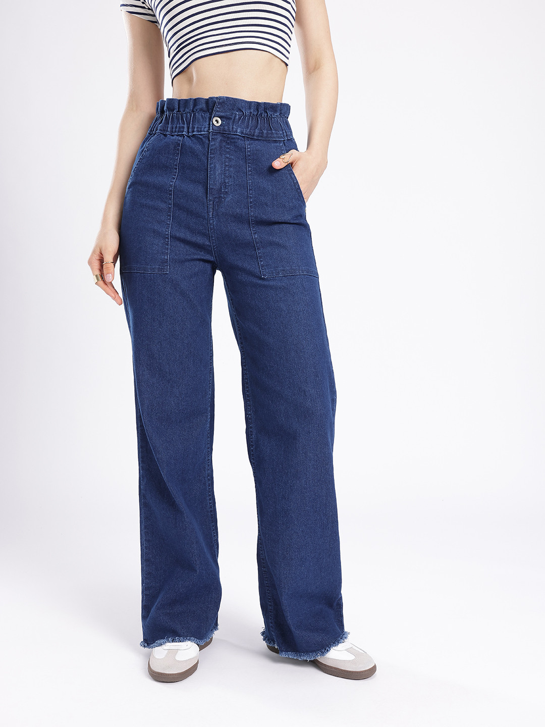 glitchez Women Endless Style Straight Paper Bag Waist Frayed Hem Jeans