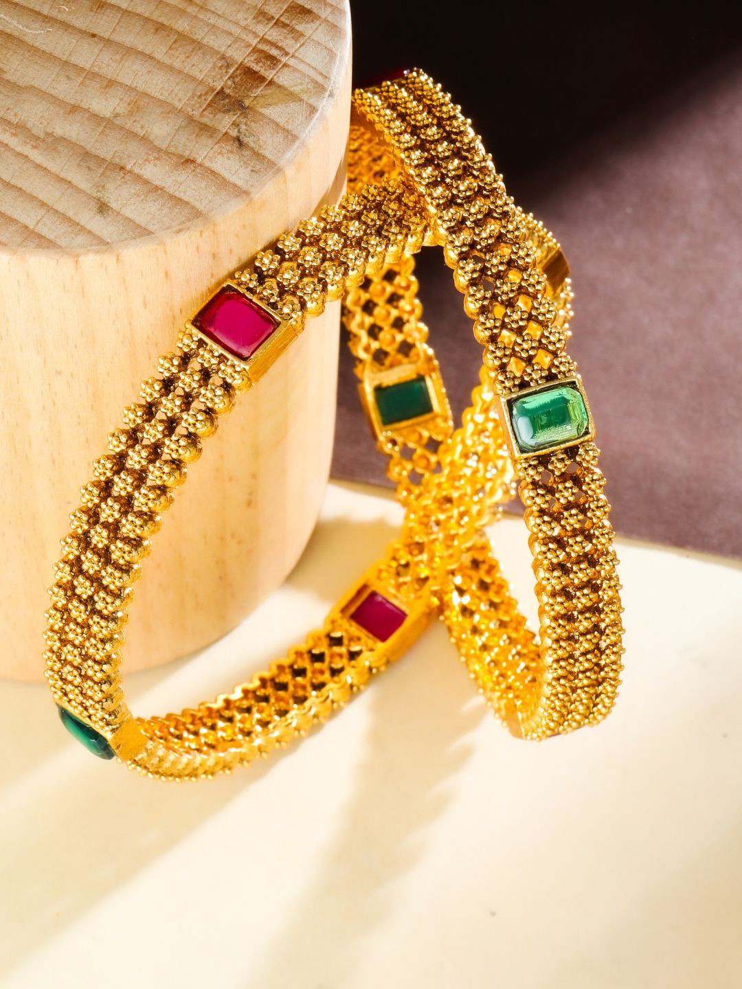 South Temple Jewellery Set Of 2 Gold-Plated Stone Studded Antique Bangle