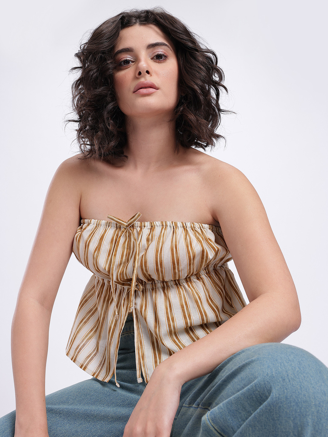glitchez Bows Detail Striped Crop Tube Top with Front Slit