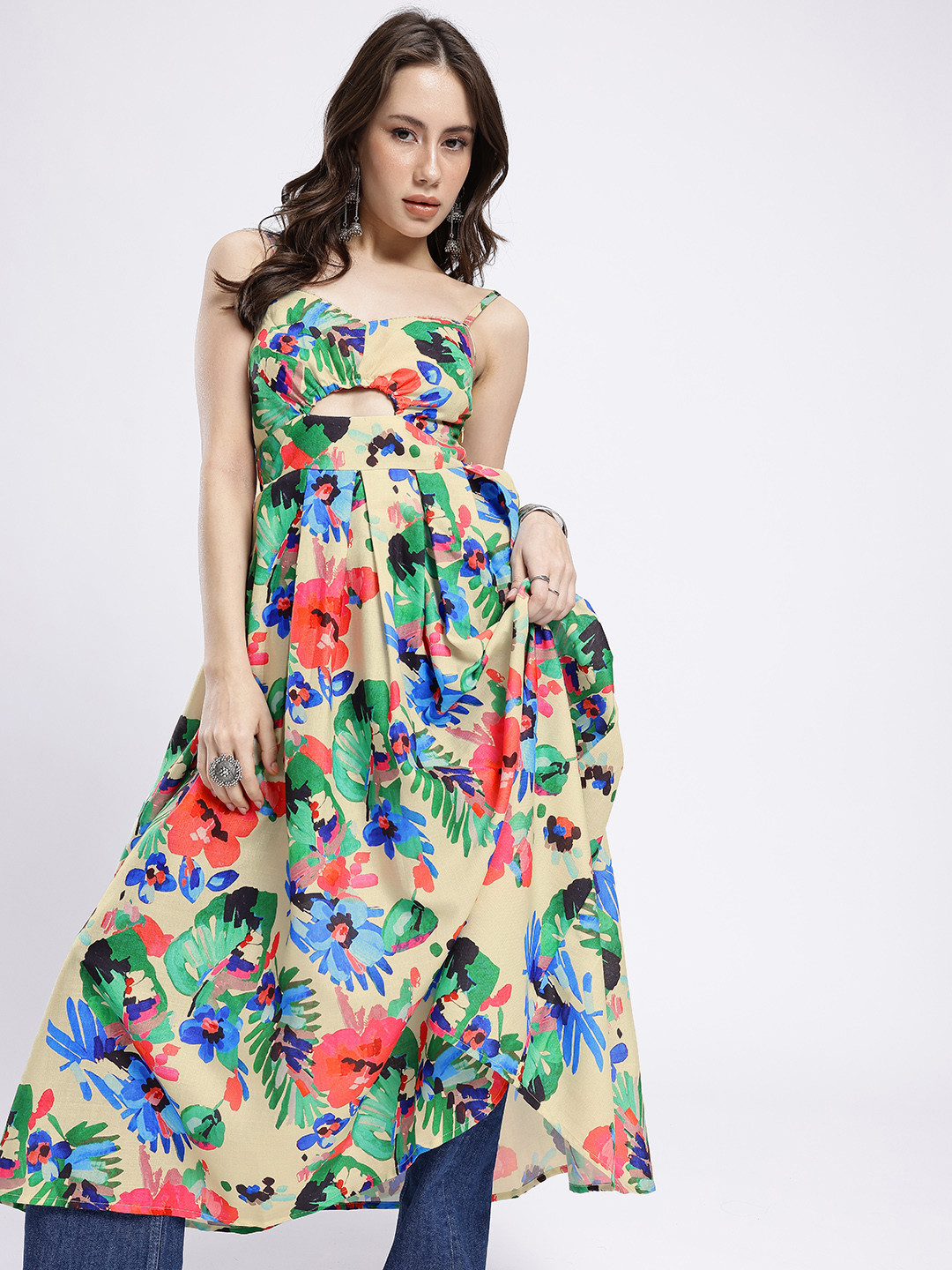 glitchez Pleated Cut-Out Smocked Floral Printed Fit & Flare Dress