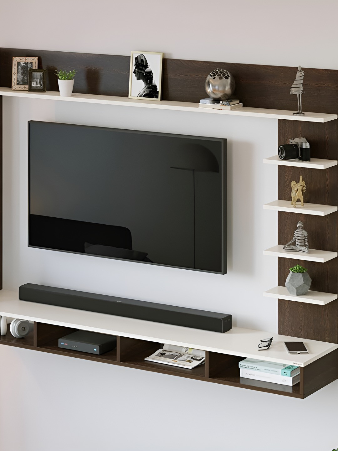 bluewud Brown & White Primax Grande Wall Mount TV Entertainment Unit For Books & Dcor