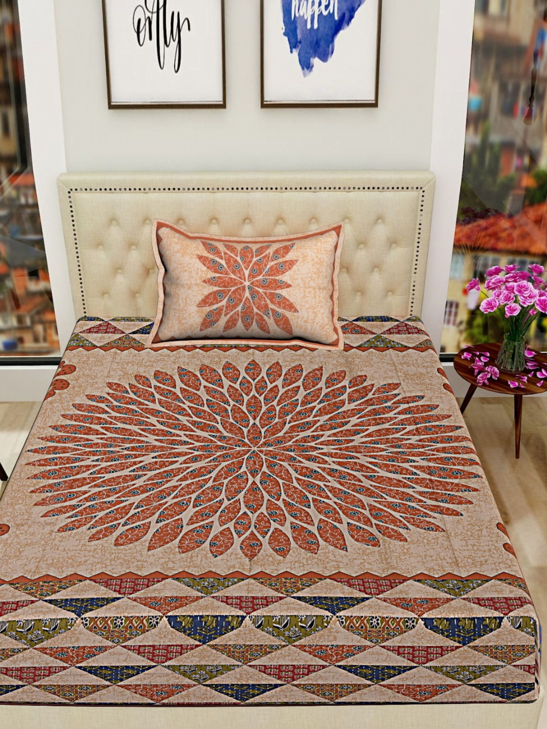 POORAK Orange & Beige Jaipuri Print 104 TC Single Bedsheet with 1 Pillow Covers