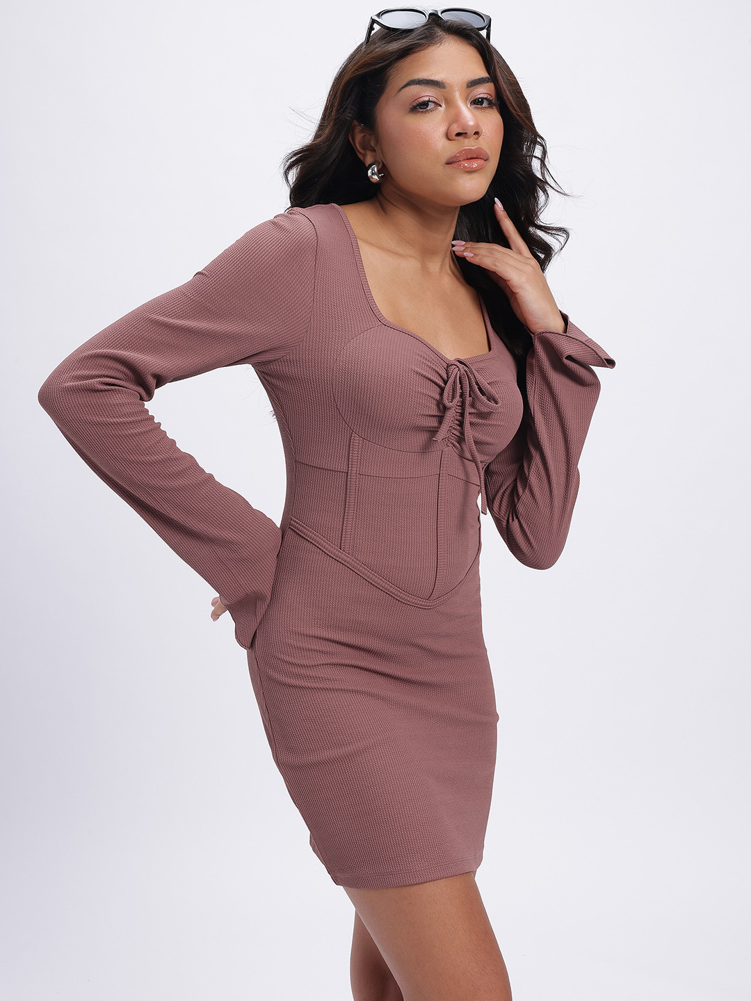 glitchez Ribbed Drip Sweetheart Neck Mini Corset-Style Bodycon Dress with Tie-Ups