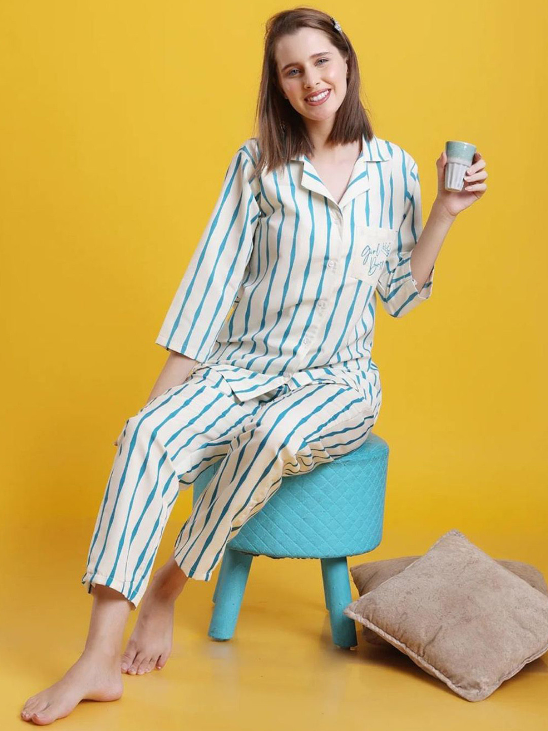 MOMMY BUG Women Graphic Striped Shirt Collar Night suit