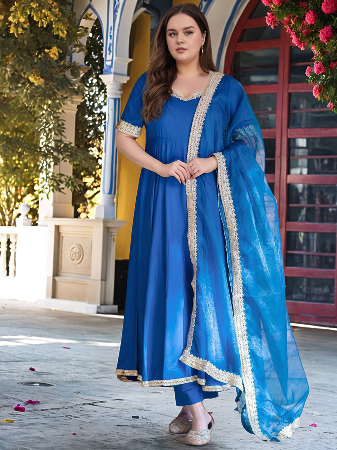 KALINI Women Royal Blue Rayon Blend Anarkali Kurta Set With Dupatta