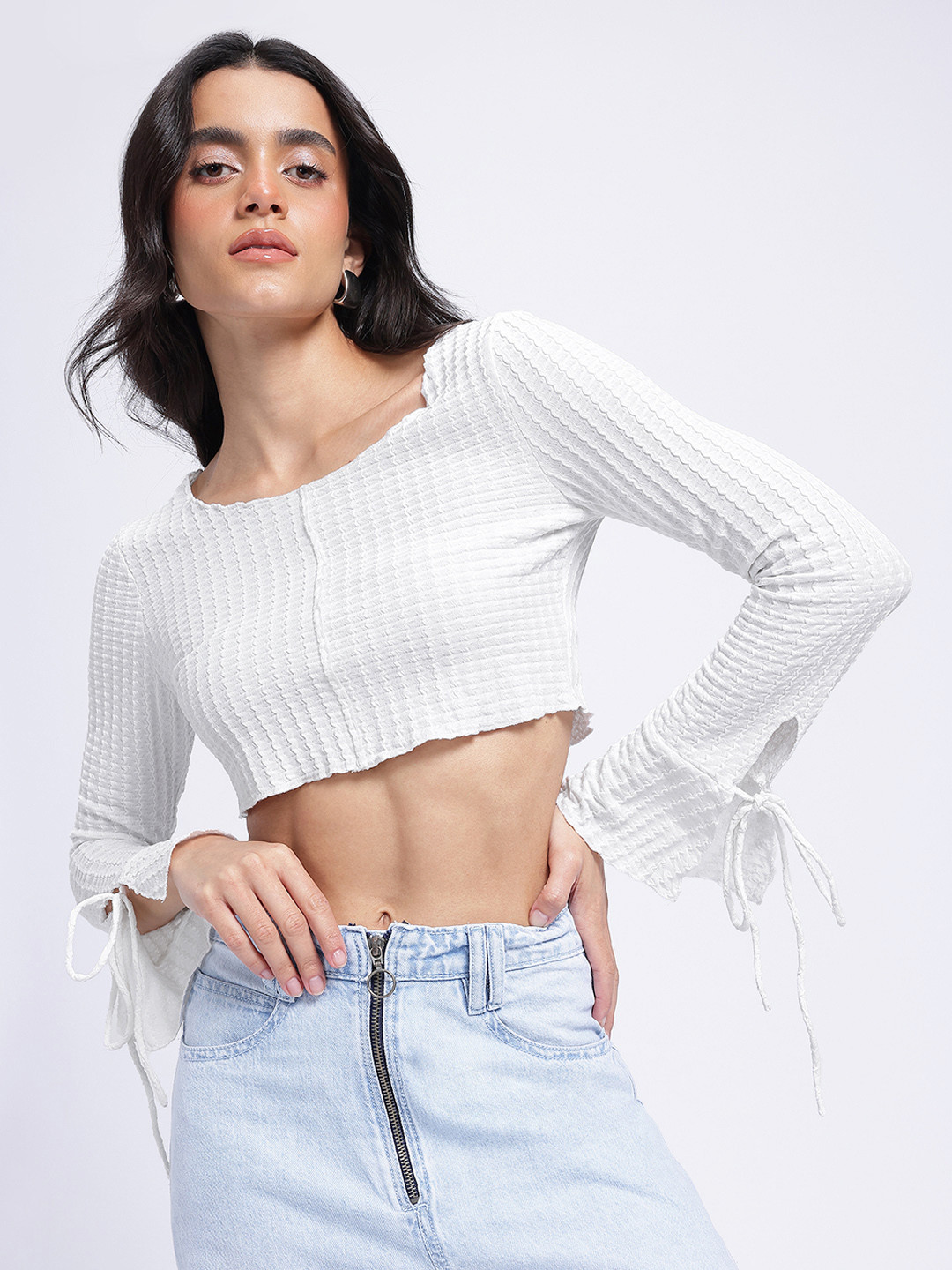 glitchez Textures Chevron Self-Design Tie-Up Detail Crop Top
