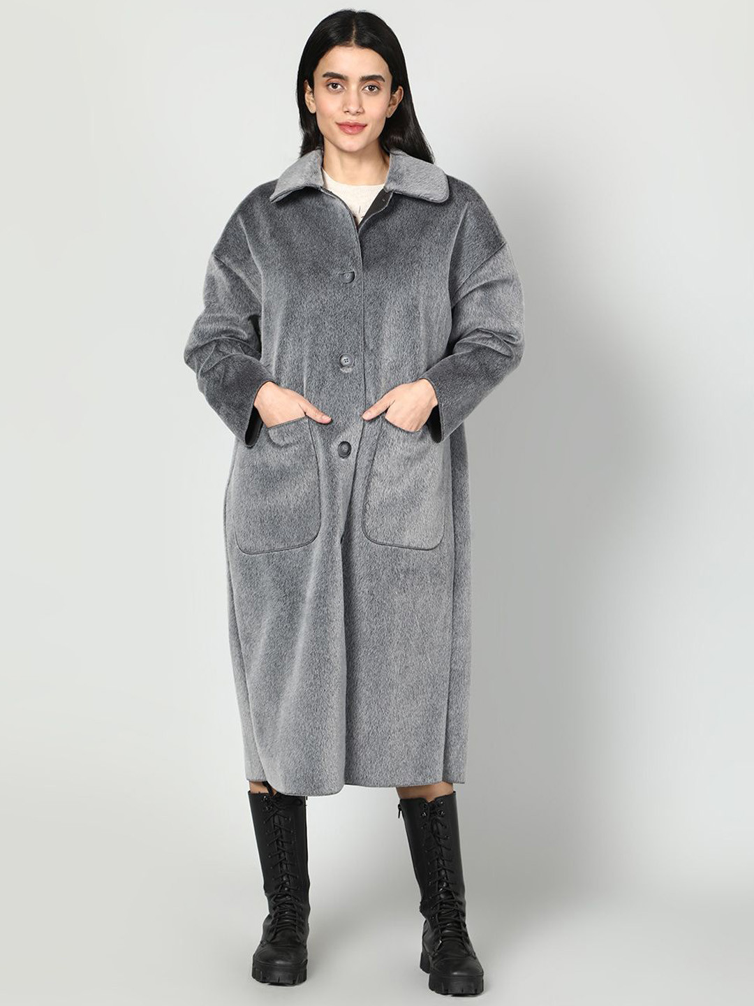 Fashion Gaiia Plush Woolen Spread Collar Neck Single Breasted Overcoat