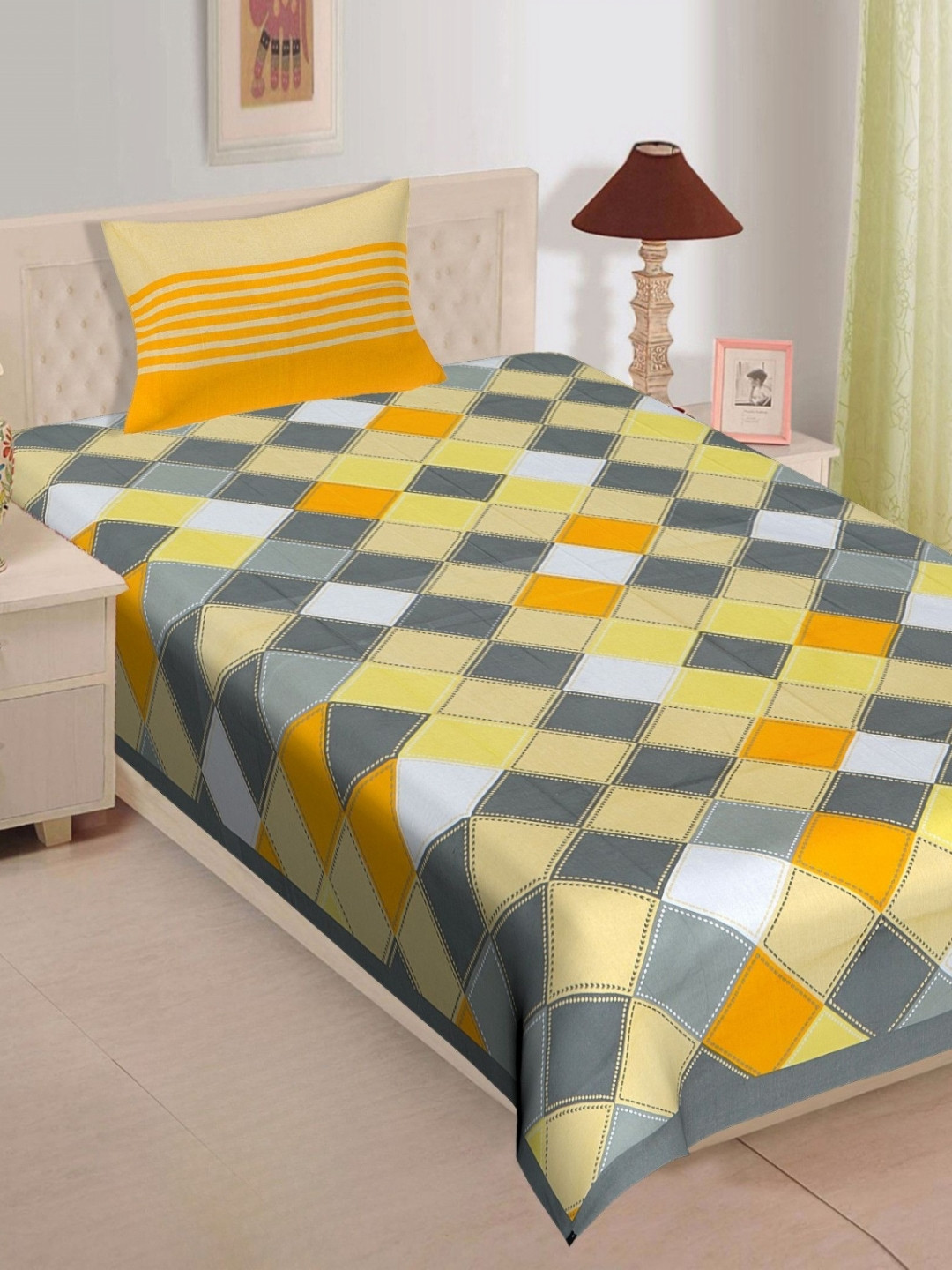 POORAK Loroco Yellow Geometric Cotton Breathable 104 TC Single Coarse Bedsheet with a Pillow Cover-160.1 x 90 inches