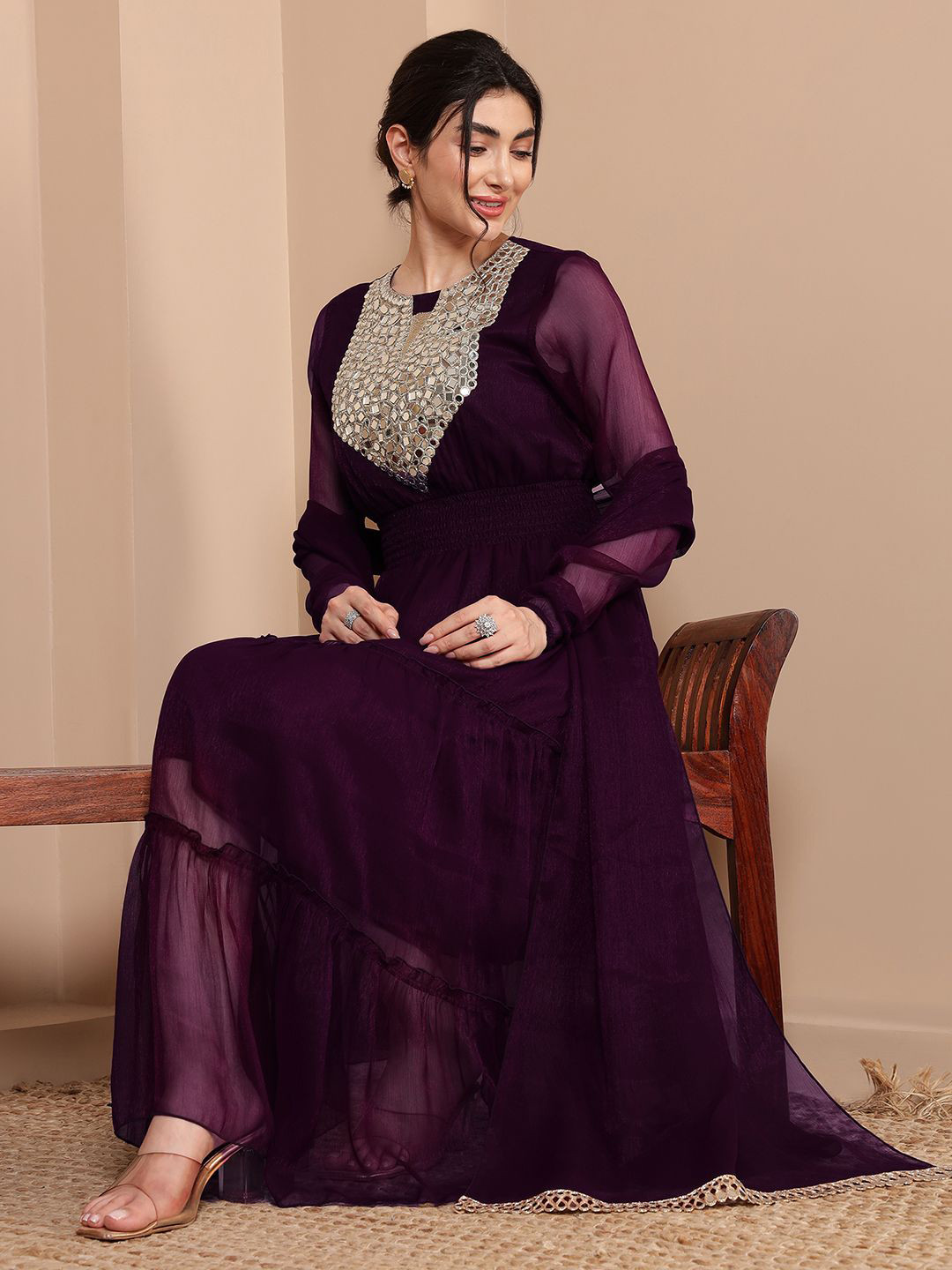 DEEBACO Floral Yoke Design Tiered Mirror Work Anarkali Kurta With Dupatta