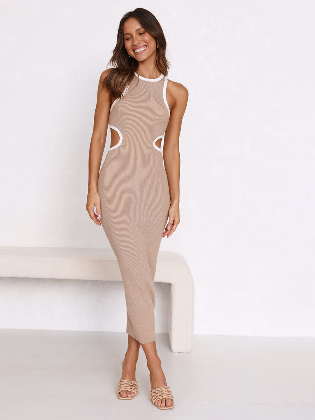 JC Mode Ribbed Cut-Out Bodycon Midi Dress