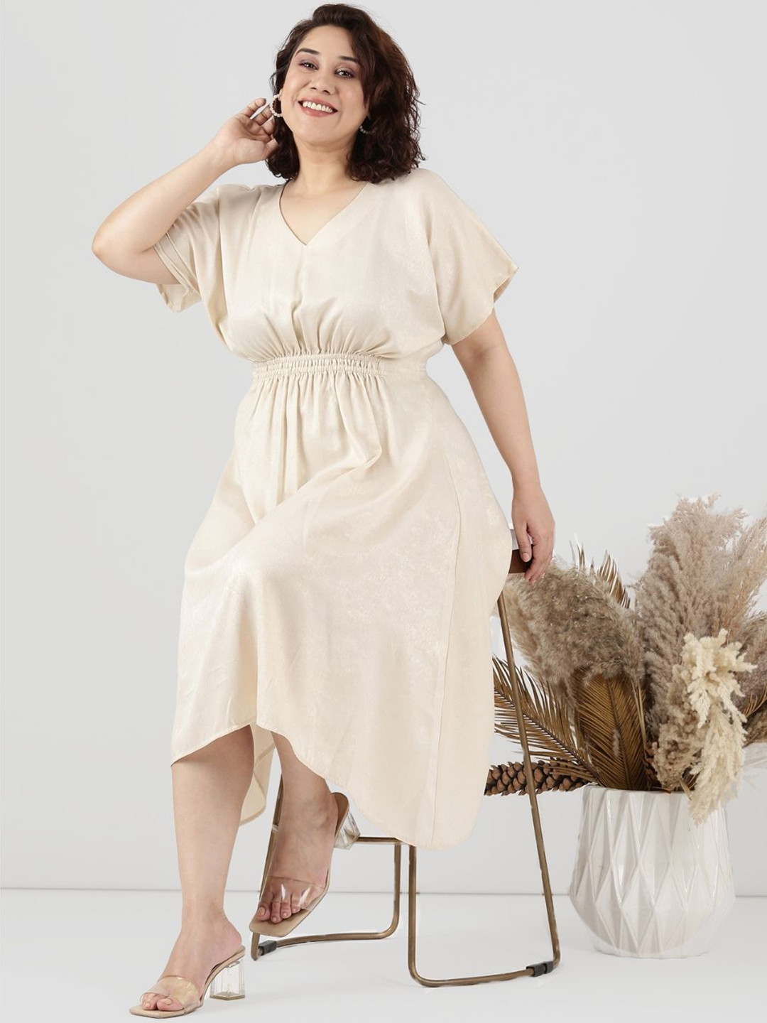 The Pink Moon Women Gold Shimmer Smocking Dress