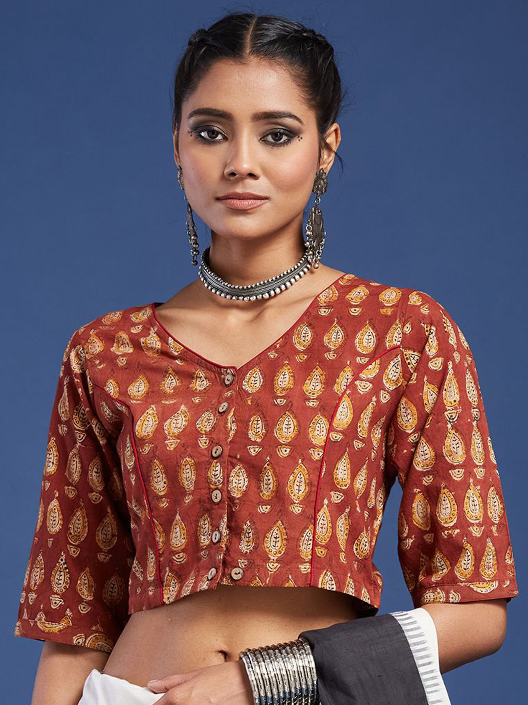 Taavi Kalamkari Printed Cotton Sleeveless Saree Blouse