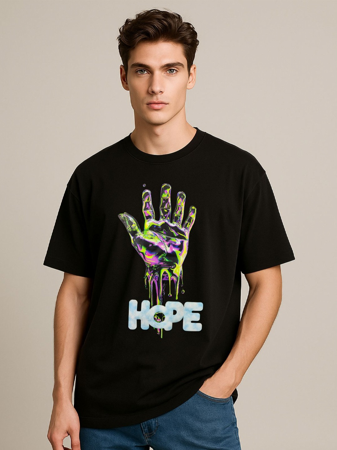 GRACE & JACK Mens Hope 3D Text Graphic Print Round Neck Cotton Oversized T-shirt