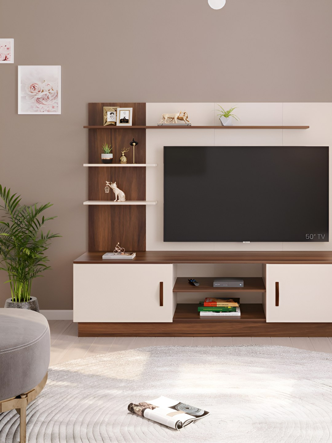 bluewud Rowlet Brown & Beige Wooden TV Entertainment Unit With Shelves
