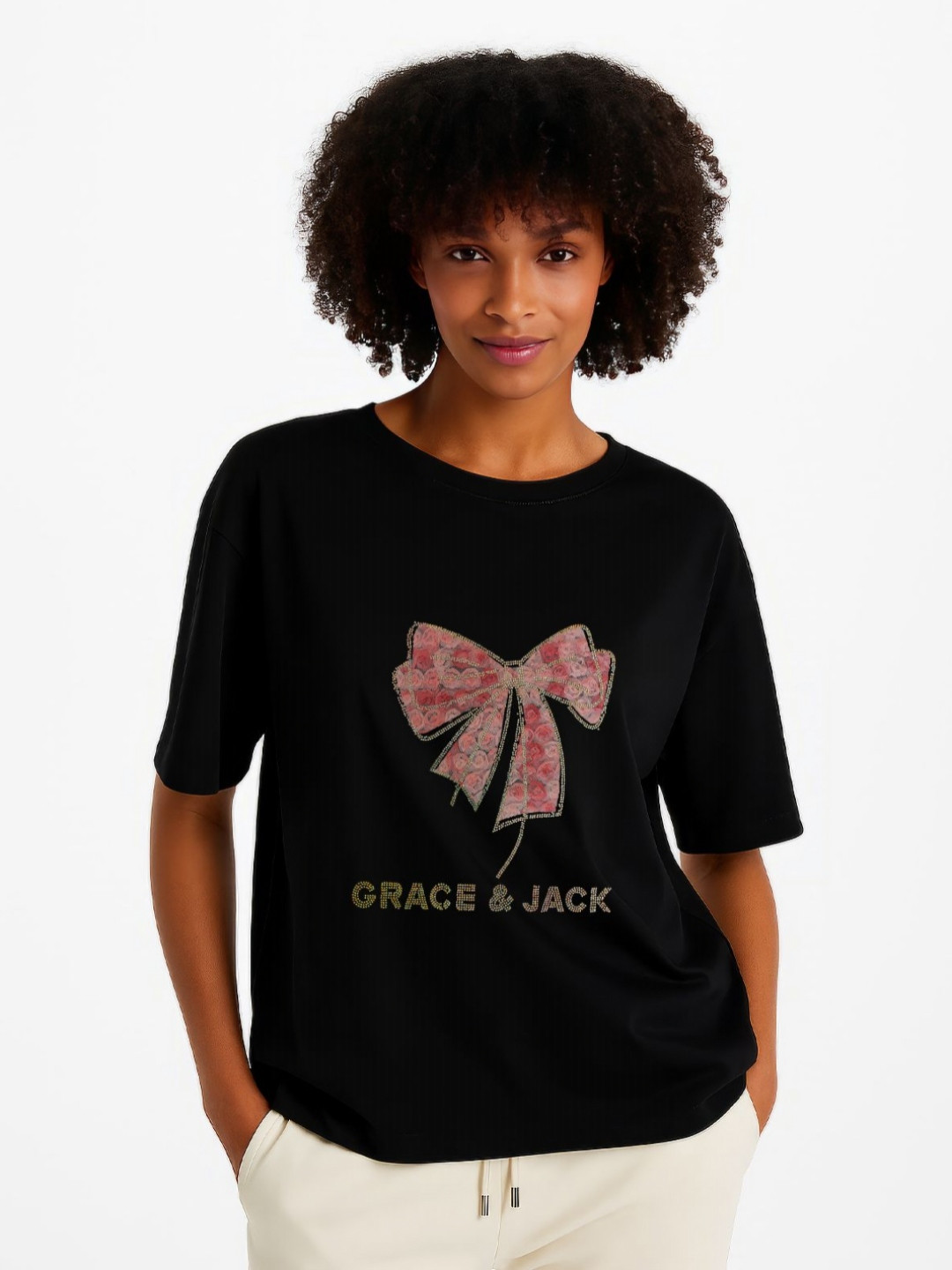 GRACE & JACK Women Crystal Bow Pink Polka Ribbon with Diamond Detail T-shirt
