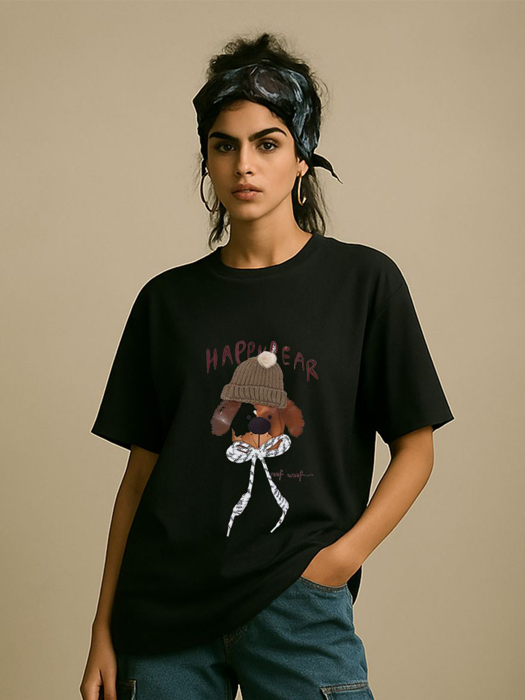 GRACE & JACK Women Black Happy Bear 3D Knit Hat & Bow T-shirt