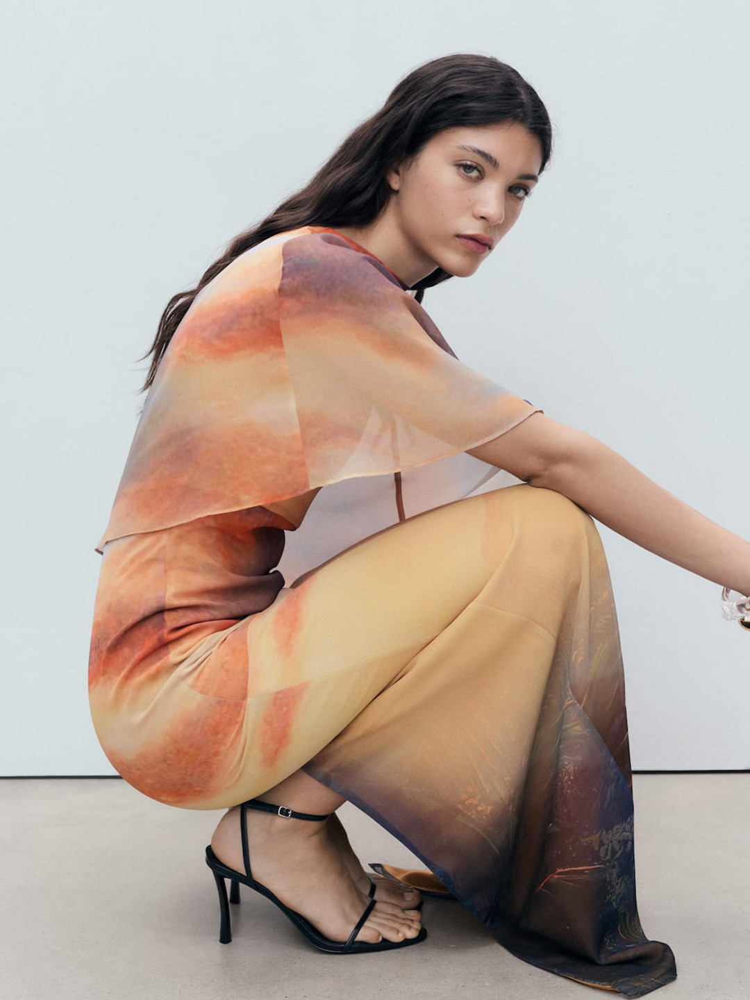 MANGO SELECTION Abstract Print Layered Maxi Dress with Back Slit