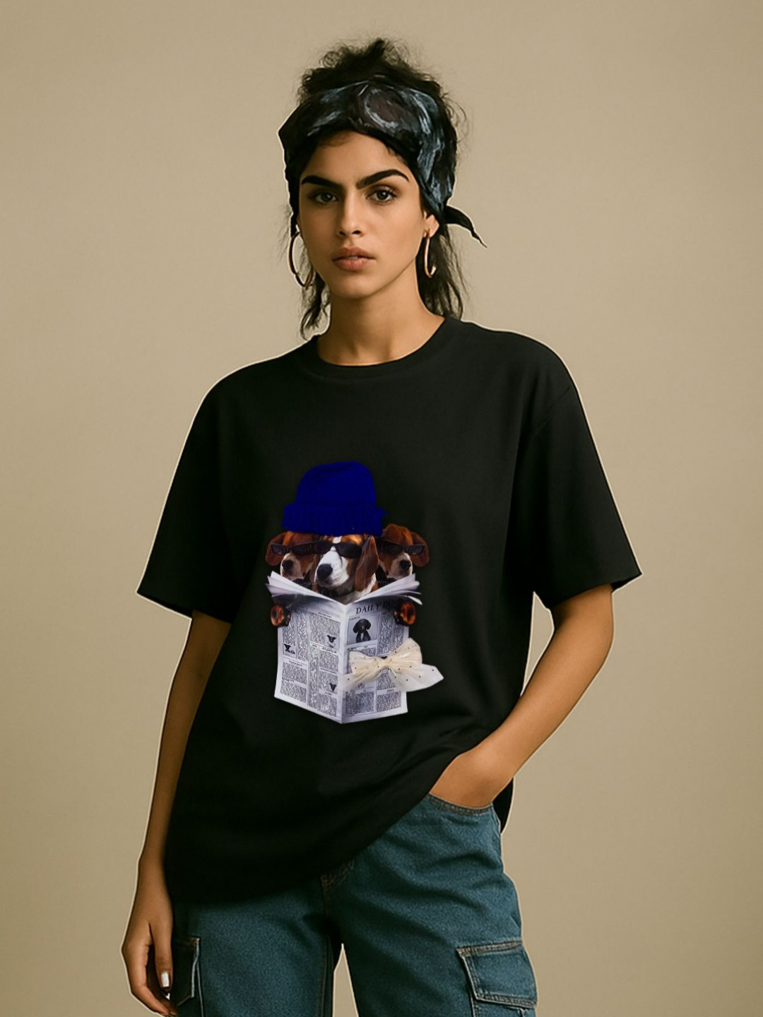 GRACE & JACK Women Black Daily Doggo 3D Beanie & Bow T-shirt