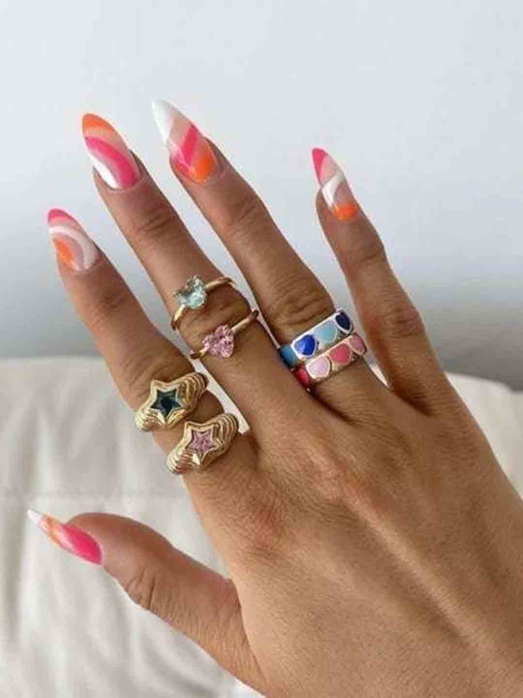 Arzonai Set Of 6 Pink & Blue Star & Heart Stone Metal Ring