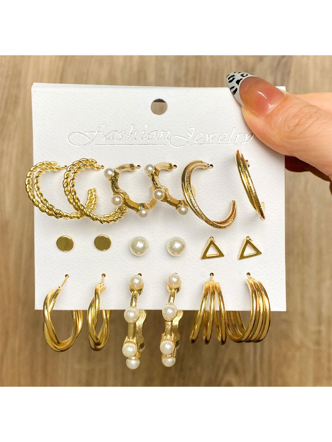 Celestique Korean Set Of 9 Pearls Beaded Contemporary Half Hoop Earrings