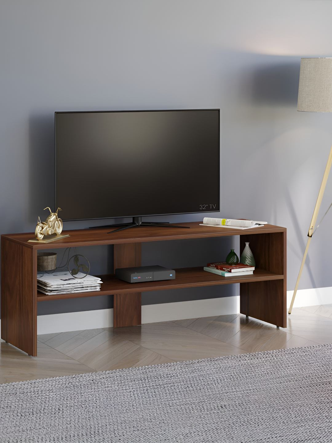 bluewud Oliver Brown Rectangular TV Entertainment Unit Set Top Box Stand With Shelves
