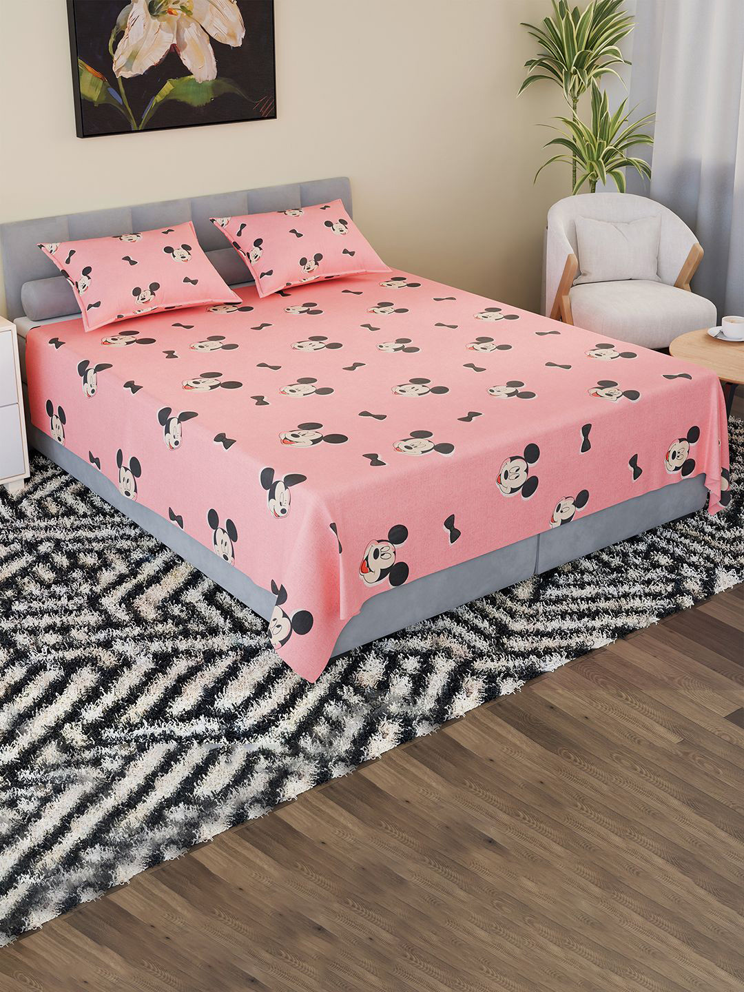 Kuber Industries Pink Cartoon Characters Cotton Breathable 144 TC King Bedsheet with 2 Pillow Covers-254 x 228 cm