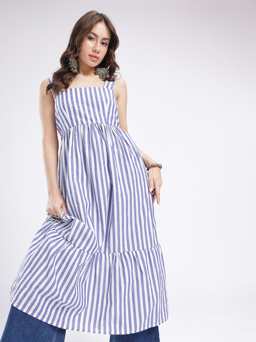 glitchez Striped Gathers A-Line Back Tie-Up Midi Dress